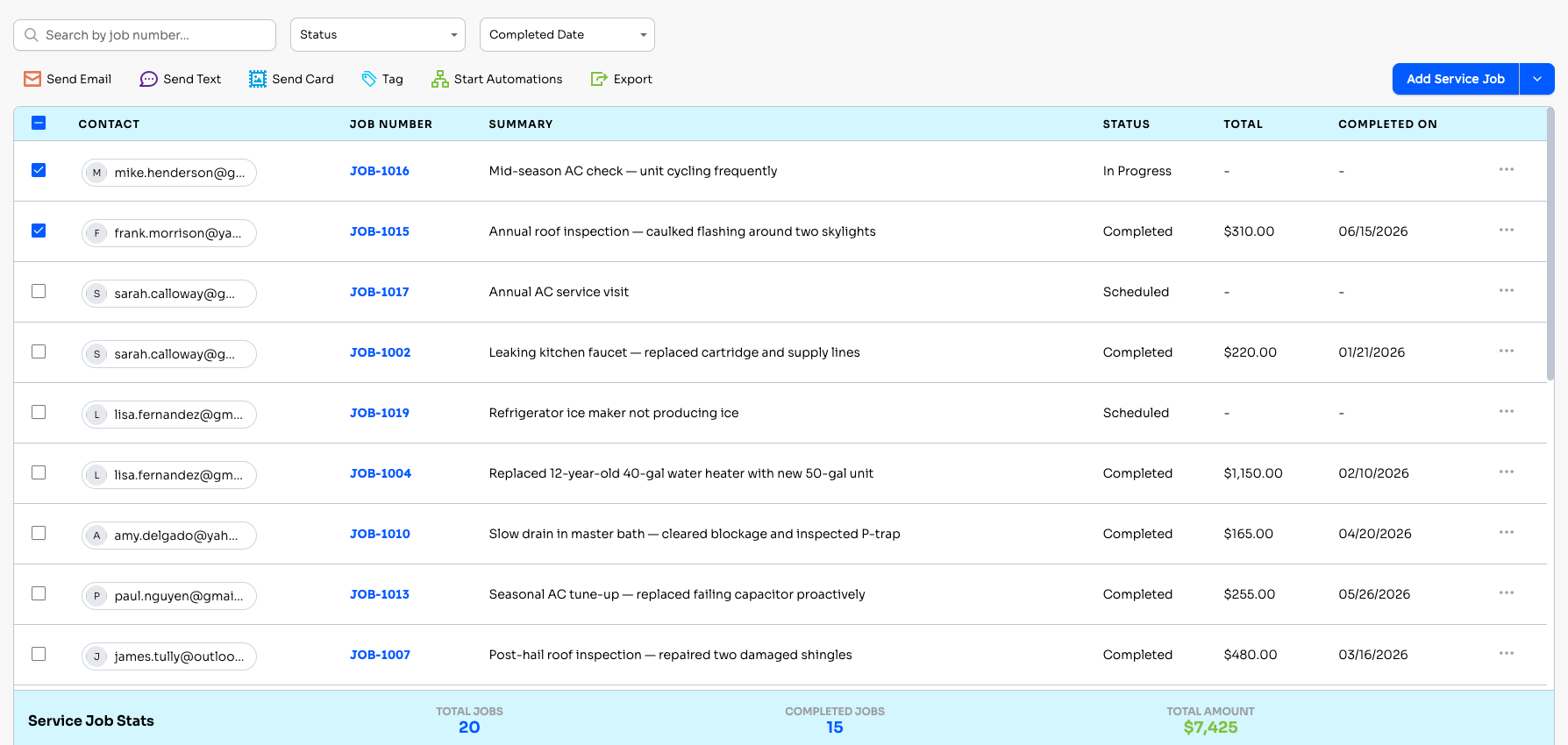 Service Job Board showing service jobs with Contact, Job Number, Summary, Status, Total, and Completed On columns, plus a toolbar with Send Email, Send Text, Send Card, Tag, Start Automations, and Export actions