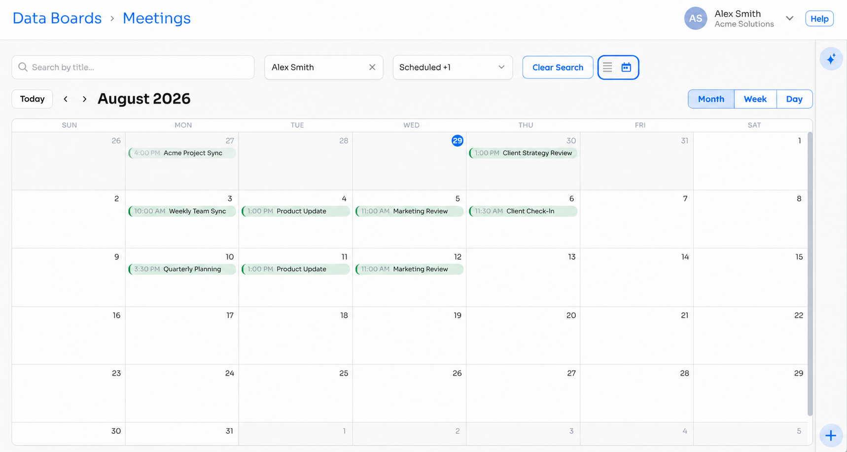 Screenshot of the Meetings Board in month calendar view