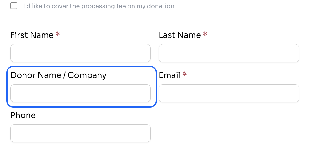 Screenshot showing the Donor Name / Company field on the public donation survey form