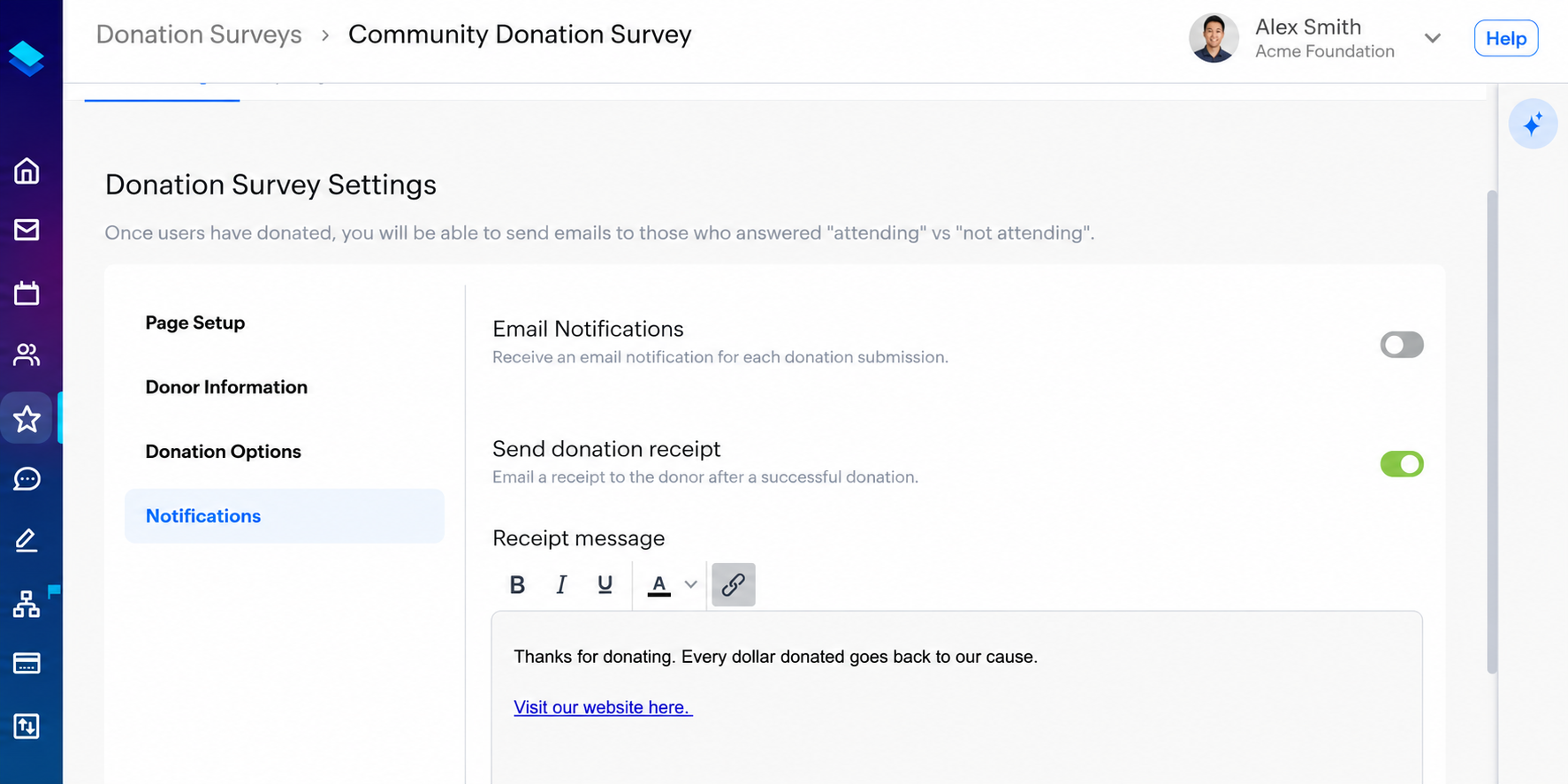 Screenshot of the Notifications tab in donation survey settings showing Email Notifications and Send donation receipt toggles