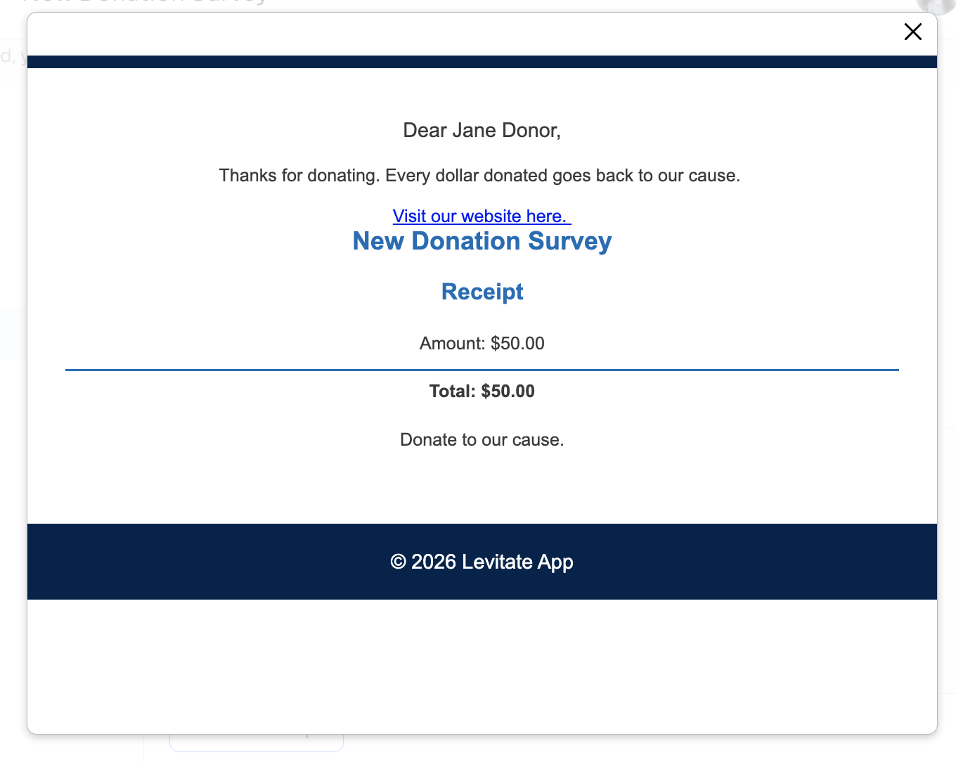 Preview of the donation receipt email shown after clicking Preview receipt