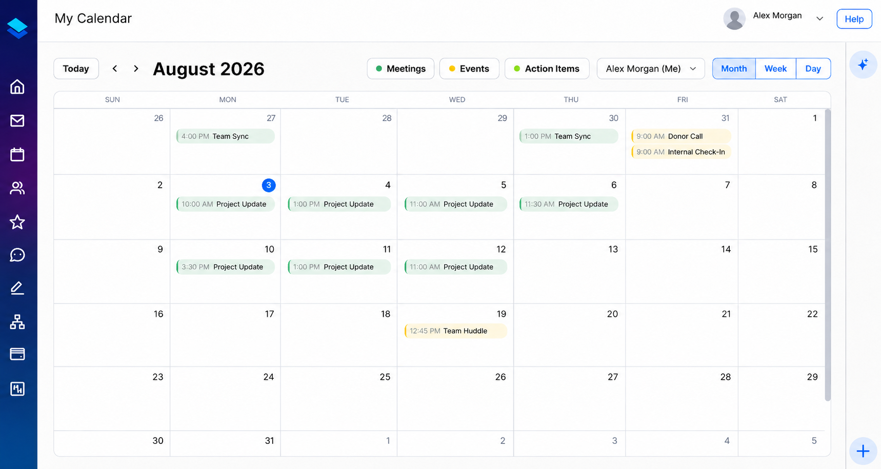 Screenshot of the My Calendar page showing month view with meetings, events, and action items