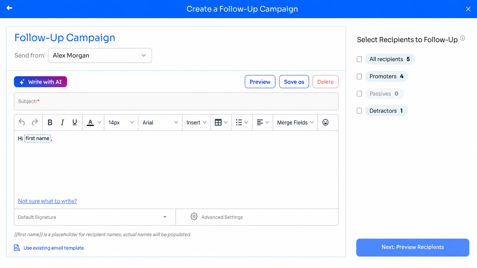 Screenshot of NPS survey follow-up showing Promoter/Passive/Detractor targeting options