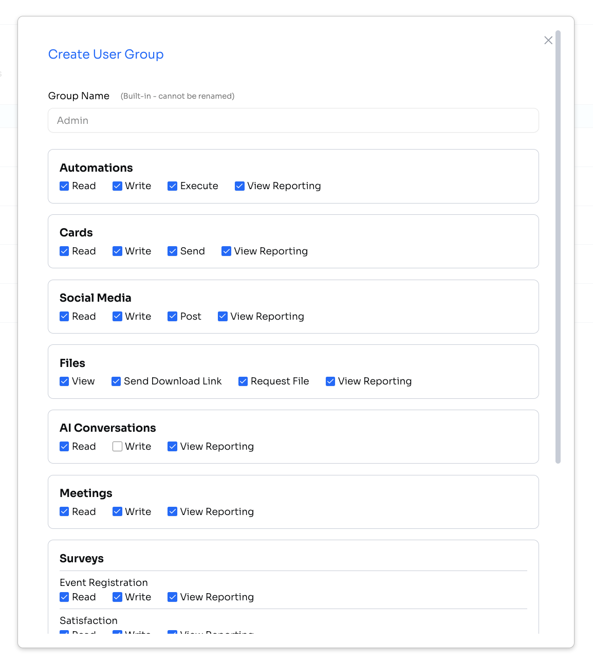 Screenshot of the feature permissions modal grouped by feature