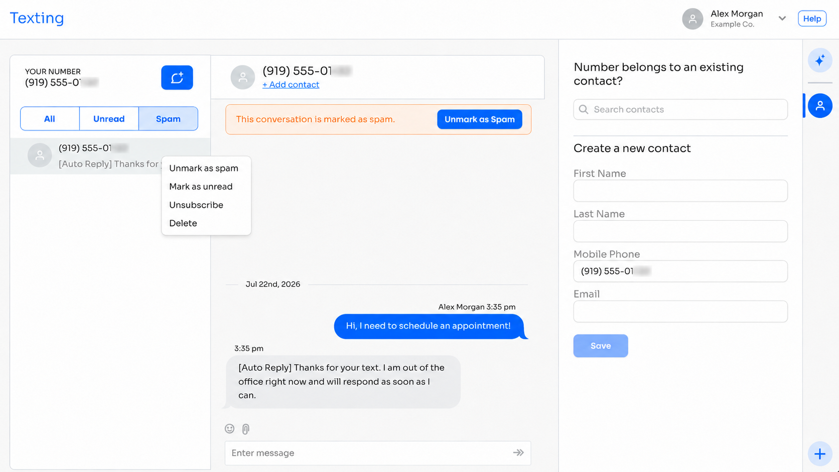 Screenshot of the Spam tab in the texting inbox
