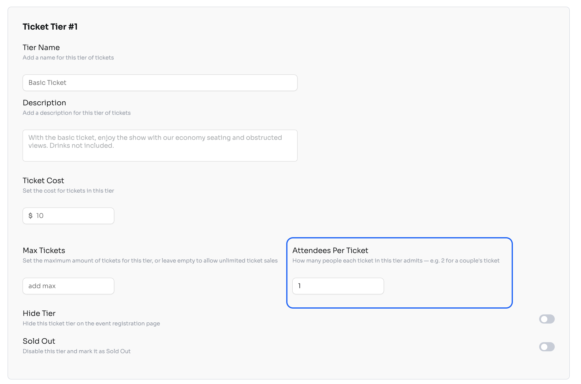 Screenshot of ticket tier settings showing the attendees per ticket field