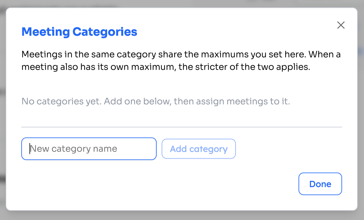 Manage Categories dialog with a New category name field and Add category button