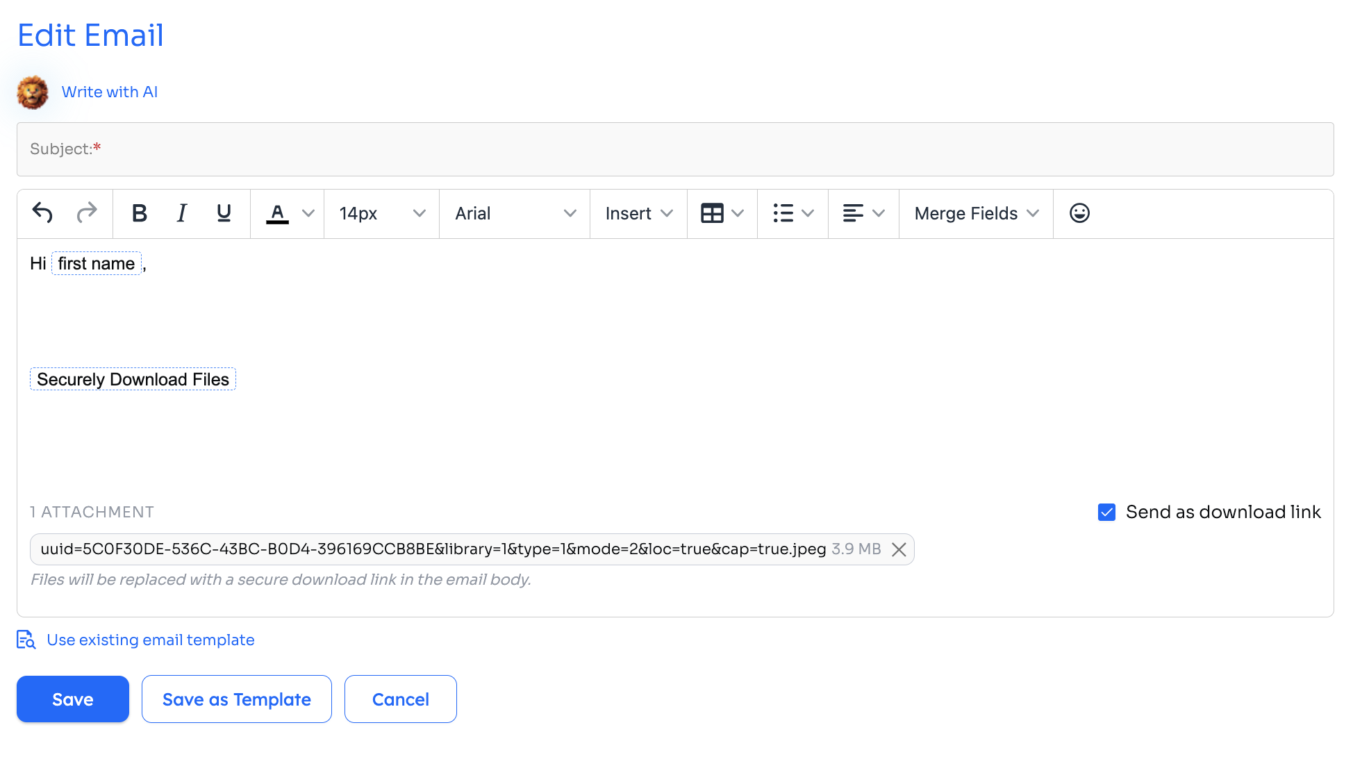 Screenshot of the Send as download link checkbox in an automation email step