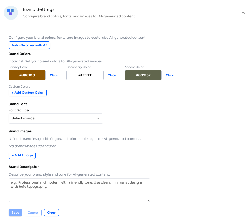 Brand Settings page with Auto-Discover with AI, Brand Colors (Primary / Secondary / Accent), Brand Font, Brand Images, and Brand Description sections