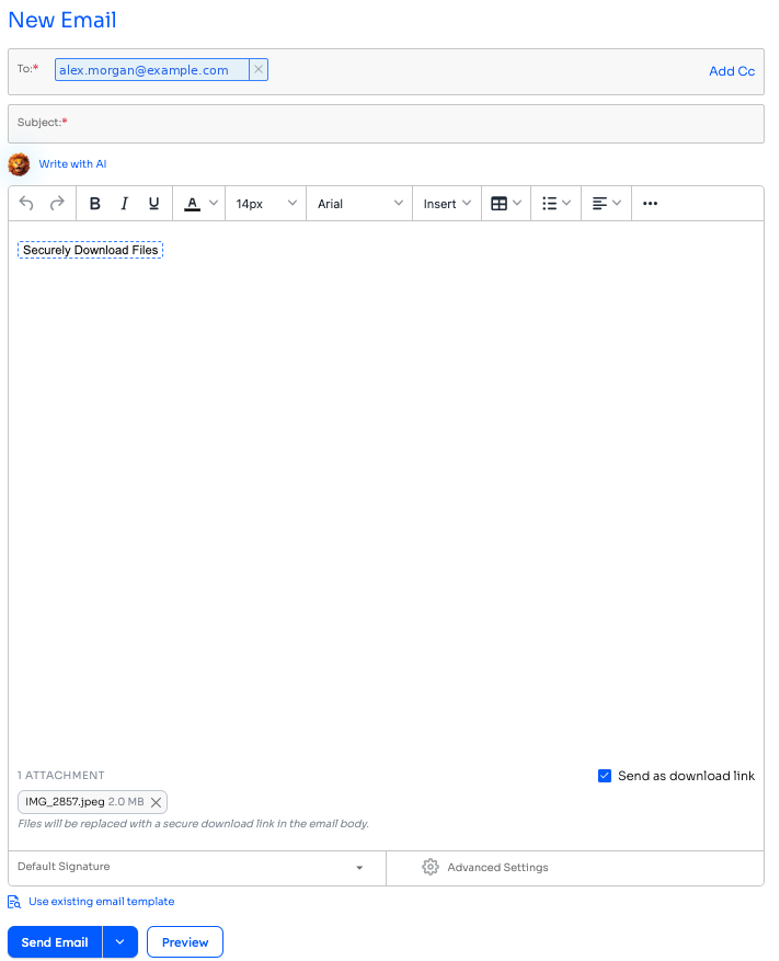 New Email composer with the Send as download link toggle enabled, an attachment queued, and a Securely Download Files link inserted in the message body