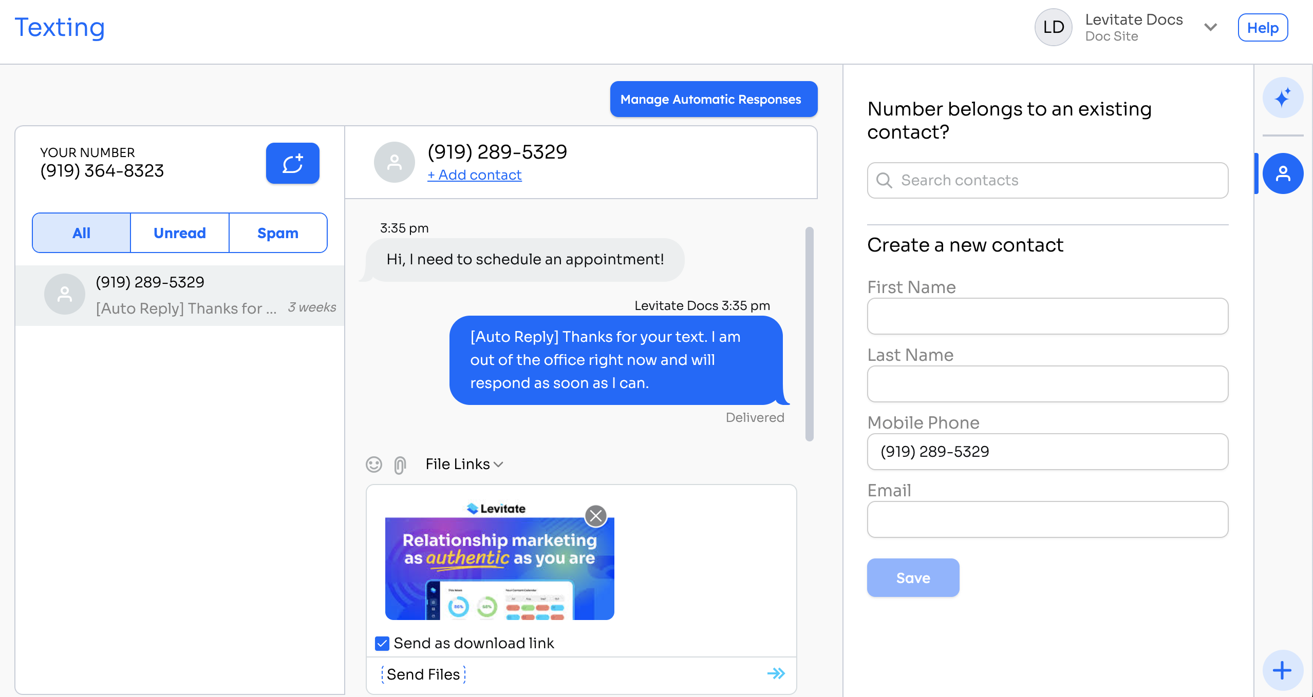 Text conversation with a file attachment chip open in the message composer