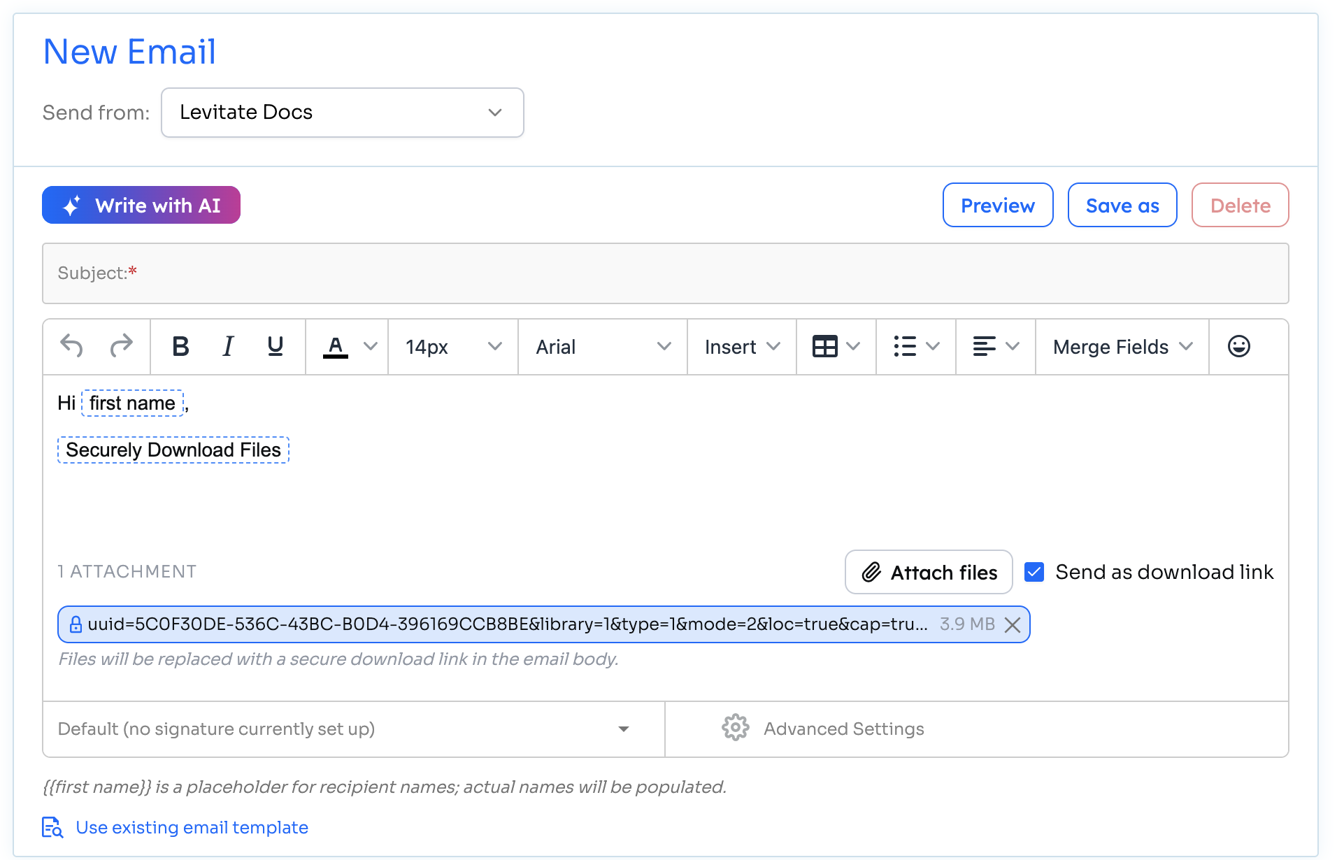 Email composer showing an attached file's chip with a secure download link, the Attach files button, and the Send as download link checkbox checked
