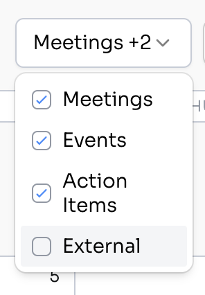 My Calendar Show dropdown with checkboxes for Meetings, Events, and Action Items checked, and External unchecked