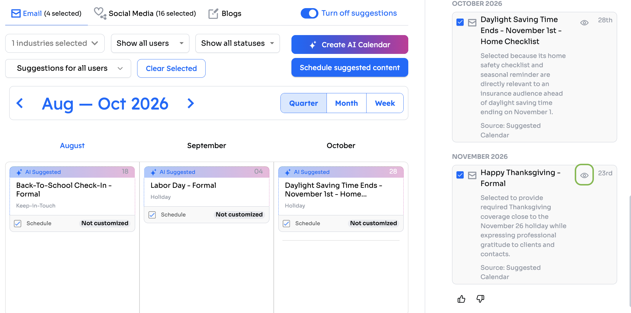 Content Calendar suggestions list with the preview icon on the Happy Thanksgiving suggestion circled