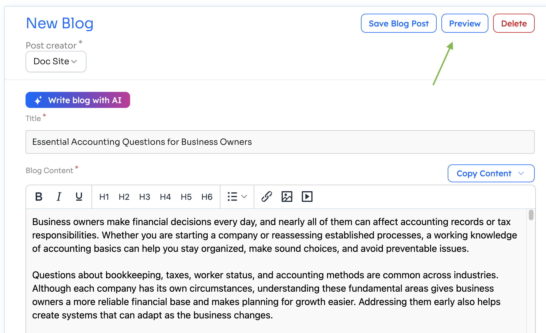 Blog post composer with an arrow pointing to the Preview button