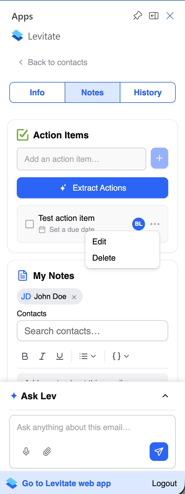 Action Items section showing the Edit and Delete kebab menu with an inline edit form open