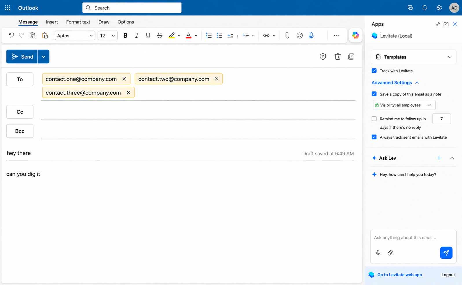Ask Lev dock expanded in the compose pane showing the greeting, new-chat plus button, and prompt input with mic and attachment icons