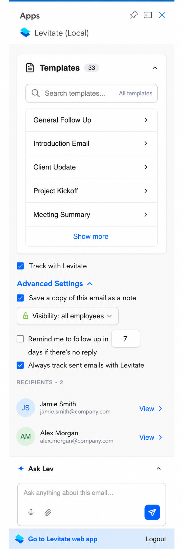 Templates card expanded in the compose pane showing the search box, template list, and Show more link