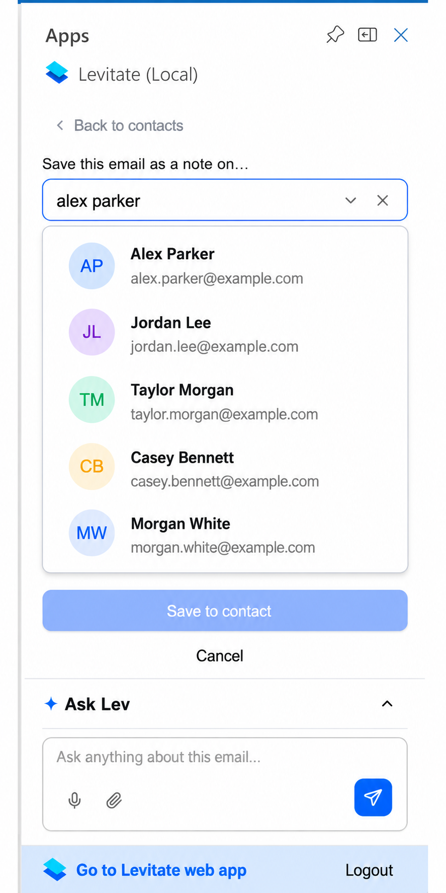 Save email as note to other contacts showing the contact search screen with a contact selected