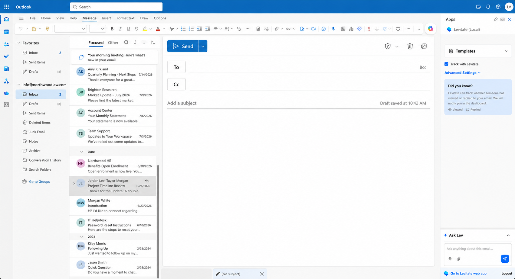 Compose pane on a new email showing the collapsed Templates card, Track with Levitate checkbox, Advanced Settings link, and Did you know card