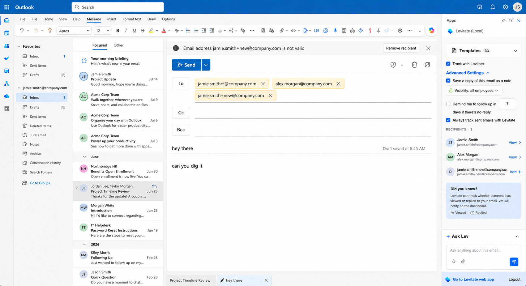 Advanced Settings expanded in the compose pane showing save-as-note with the Visibility selector, the follow-up reminder, and always-track options