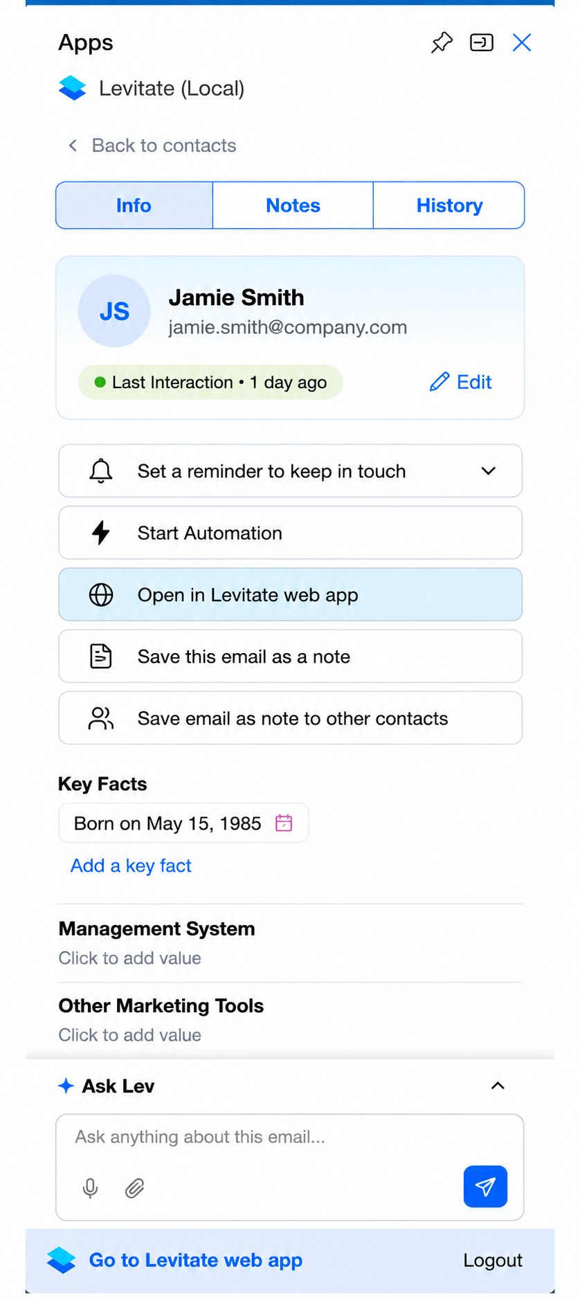 Contact Info tab showing the contact card with the Last Interaction pill and Edit link, and the quick-action buttons below it
