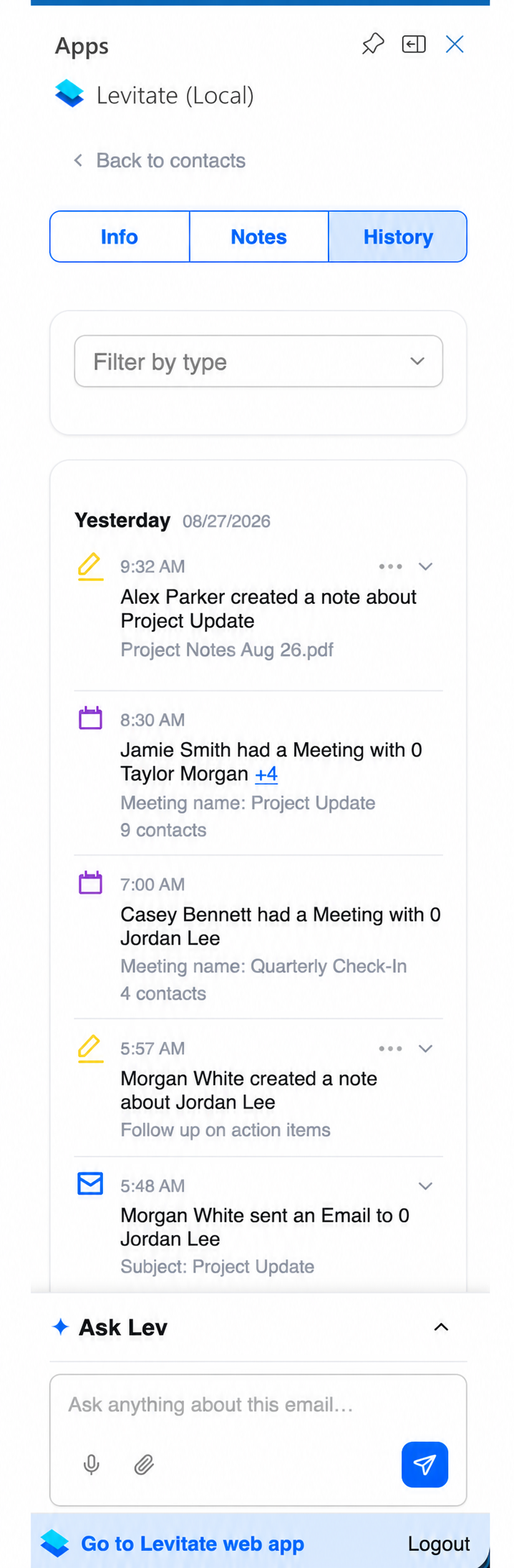 Contact History tab showing the timeline grouped by day, a meeting entry's +N attendees link, and the Filter by type selector