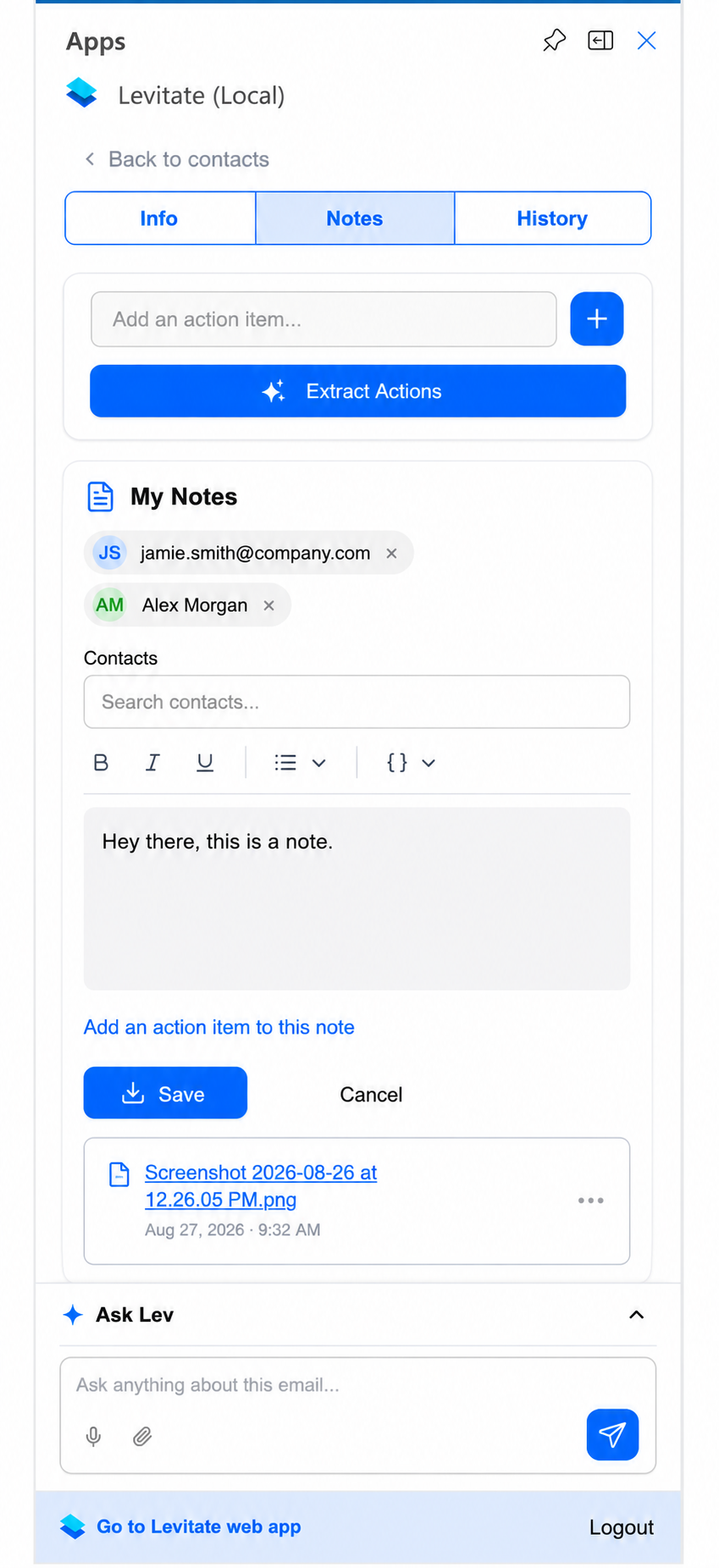 Notes tab showing the My Notes editor with a contact chip, the Add an action item to this note link, and a saved note below