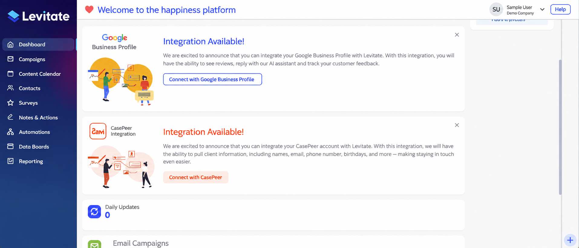CasePeer connect card in the Levitate dashboard
