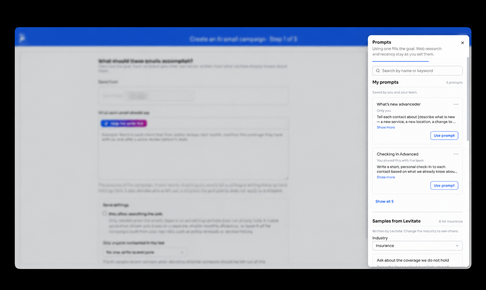 The Prompts side panel open next to the AI email campaign brief, showing the search box, My prompts with Use prompt buttons, and Samples from Levitate with an industry filter.