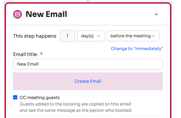 Email step editor in a Meeting Reminder Automation with the CC meeting guests checkbox checked