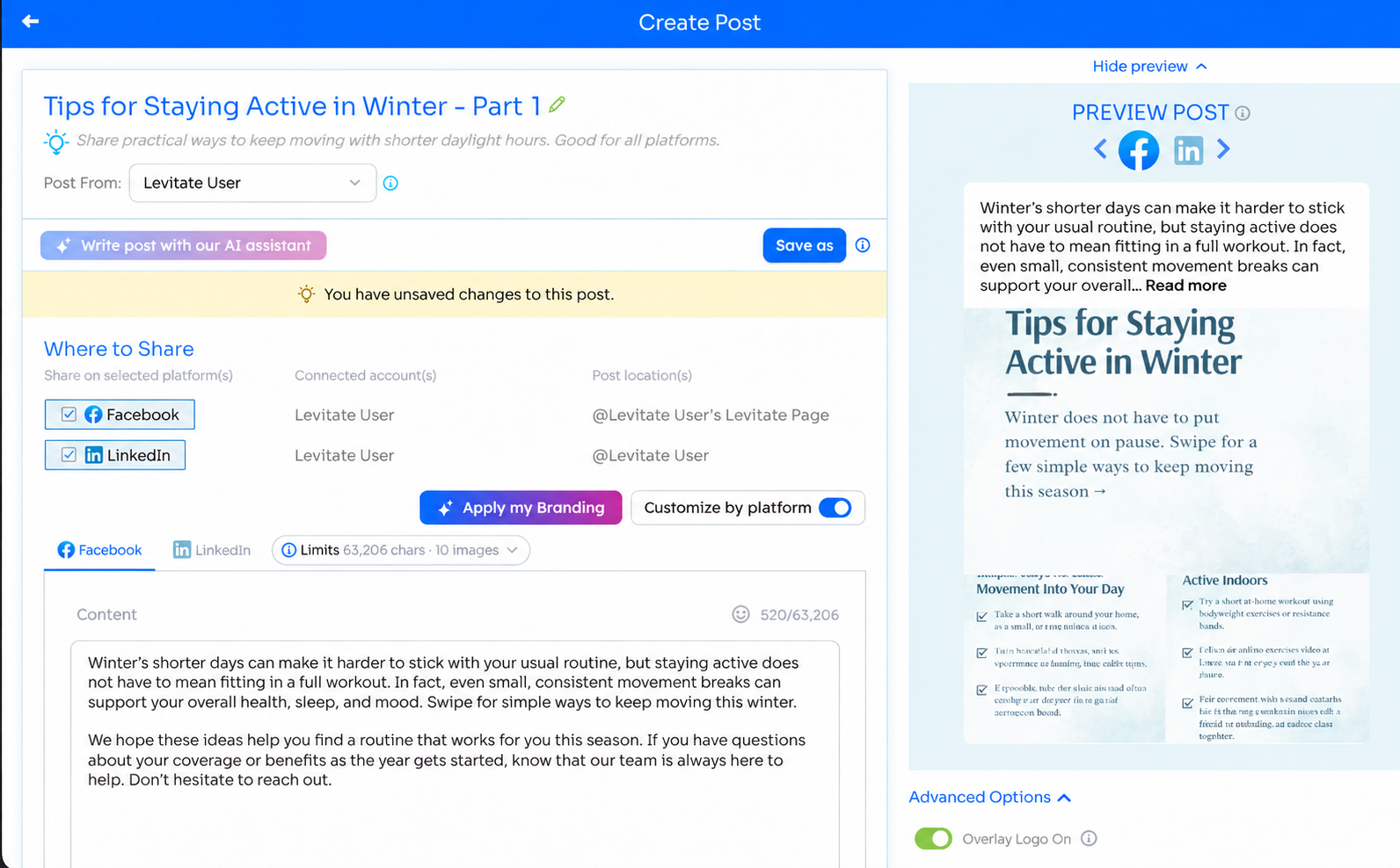 Post composer with Facebook and LinkedIn selected and the Customize by platform toggle turned on, showing a Facebook tab, a LinkedIn tab, and the Limits button above the caption.