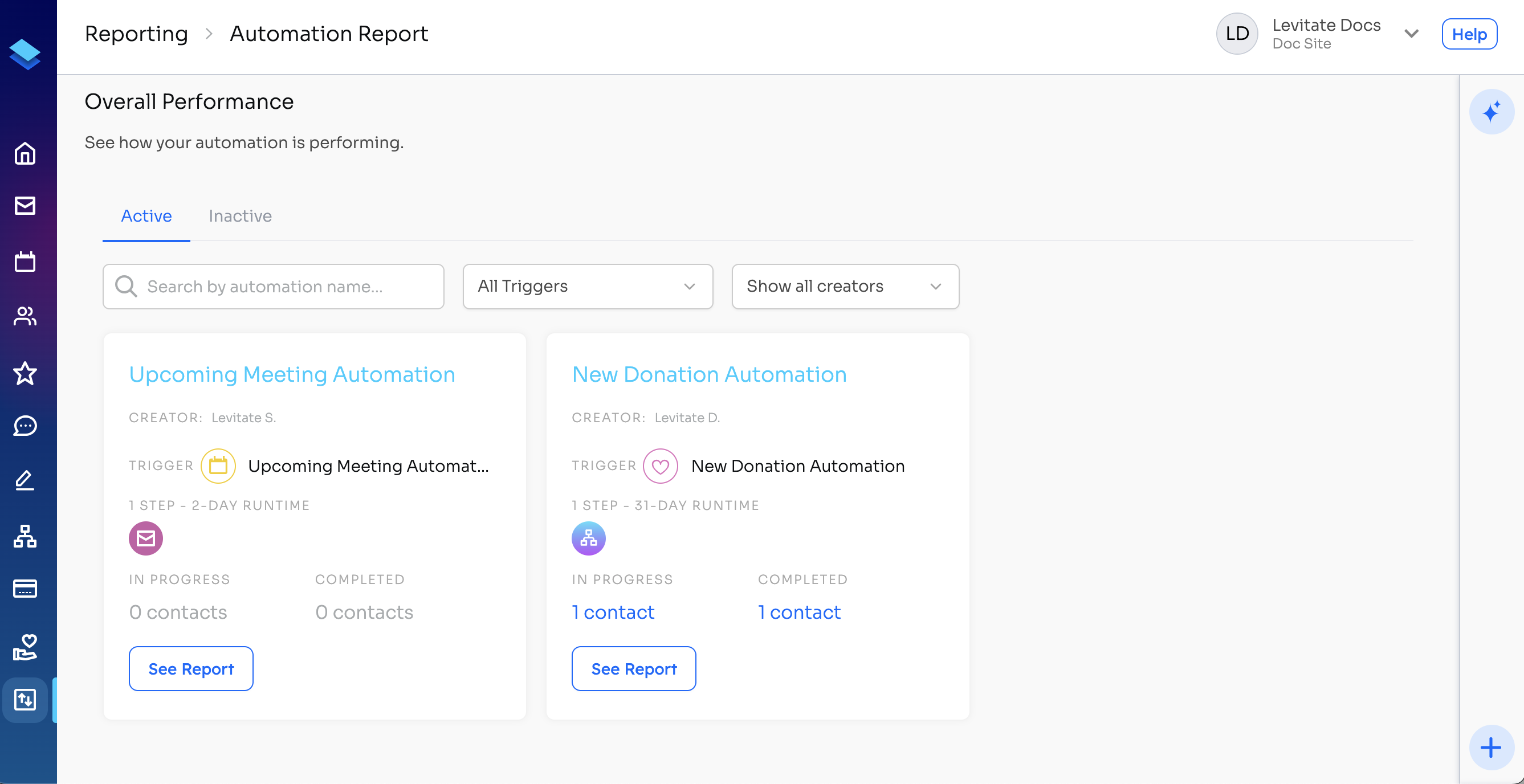 Automation Report showing automation cards with creator, trigger, steps, in-progress and completed counts, and See Report buttons