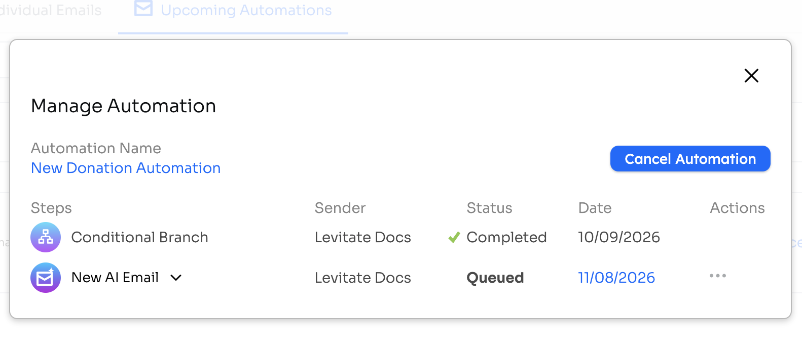 Manage Automation pop-up listing the automation steps with their sender, status, date, and actions