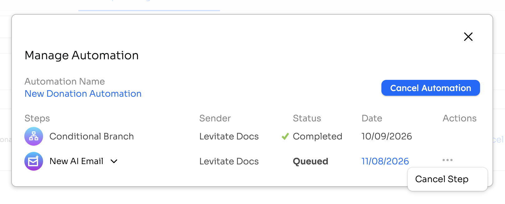 Manage Automation pop-up with the actions menu open on a queued step, showing Cancel Step
