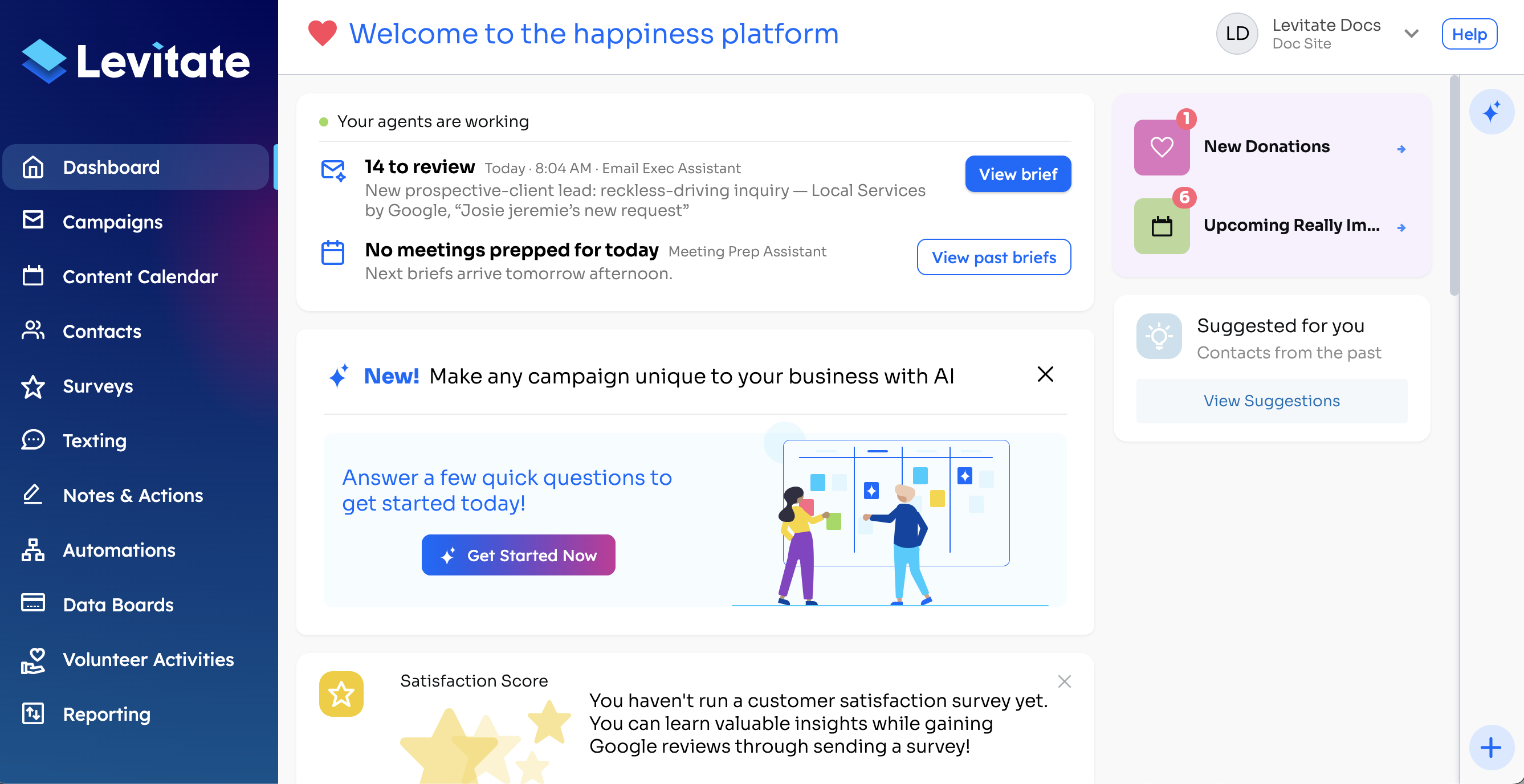 Levitate dashboard with Reporting in the left navigation menu