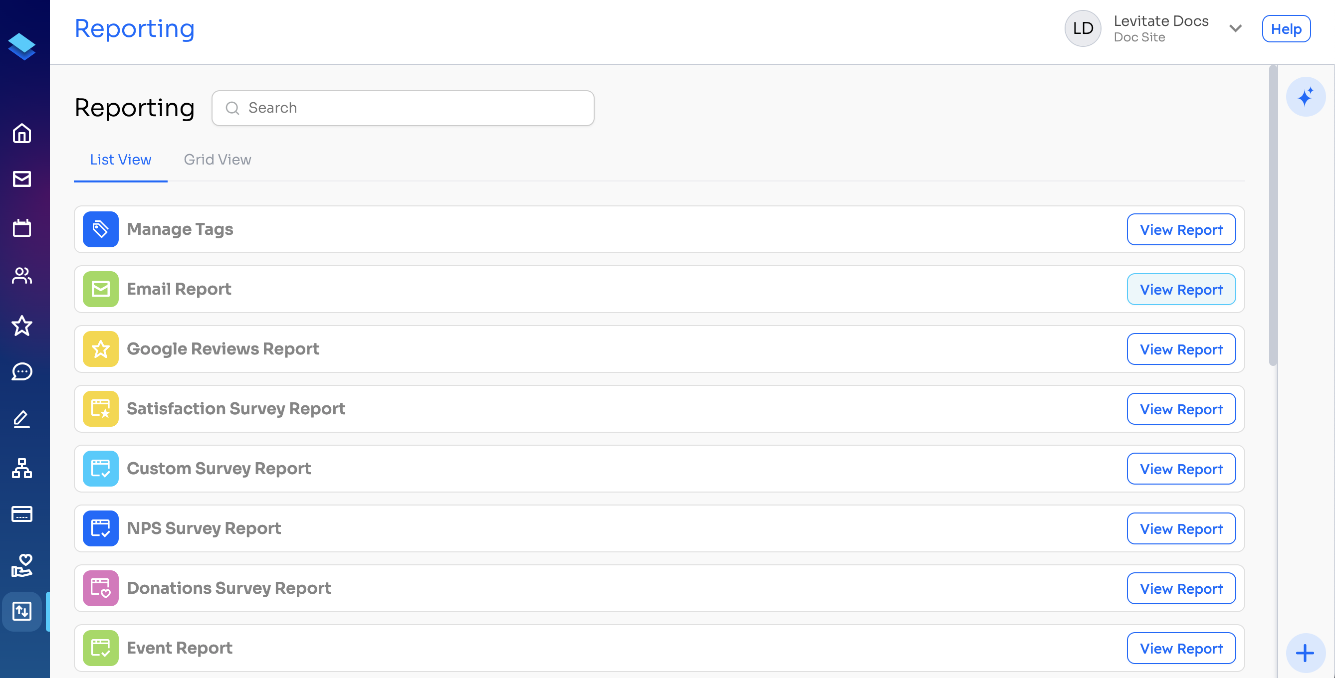 Reporting page list view with the Email Report row and its View Report button