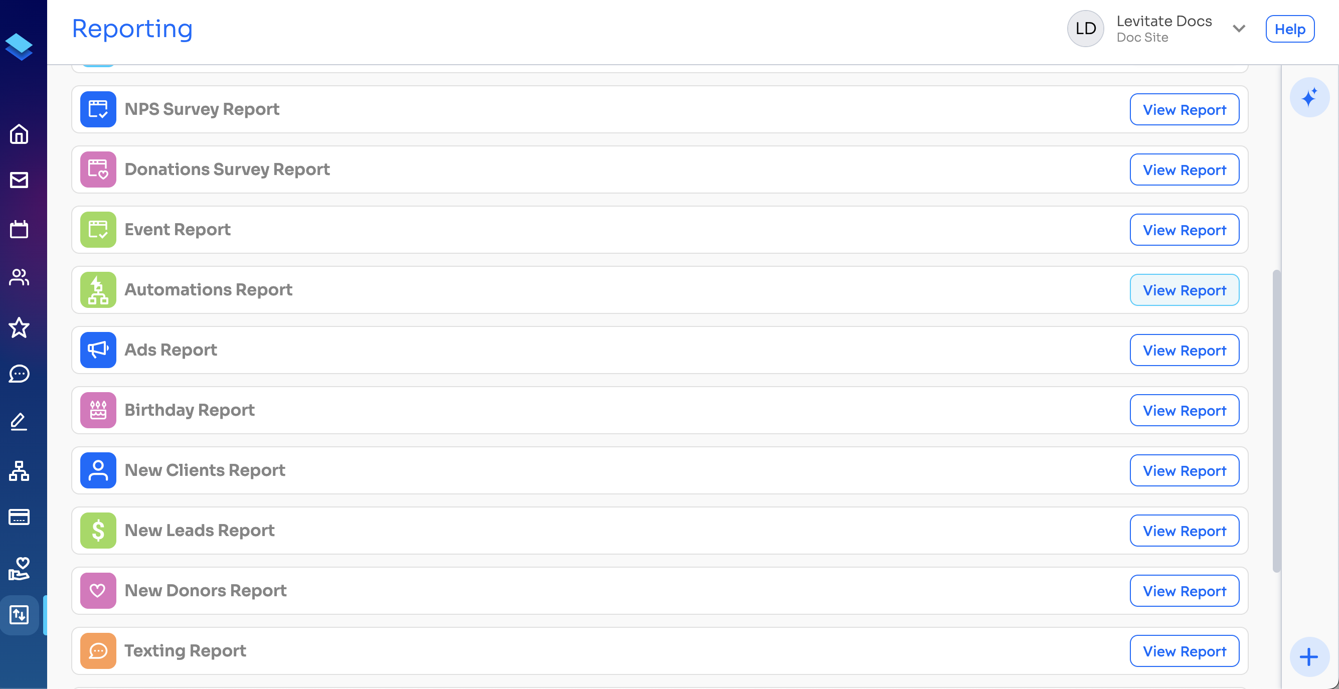 Reporting page list view with the Automations Report row and its View Report button