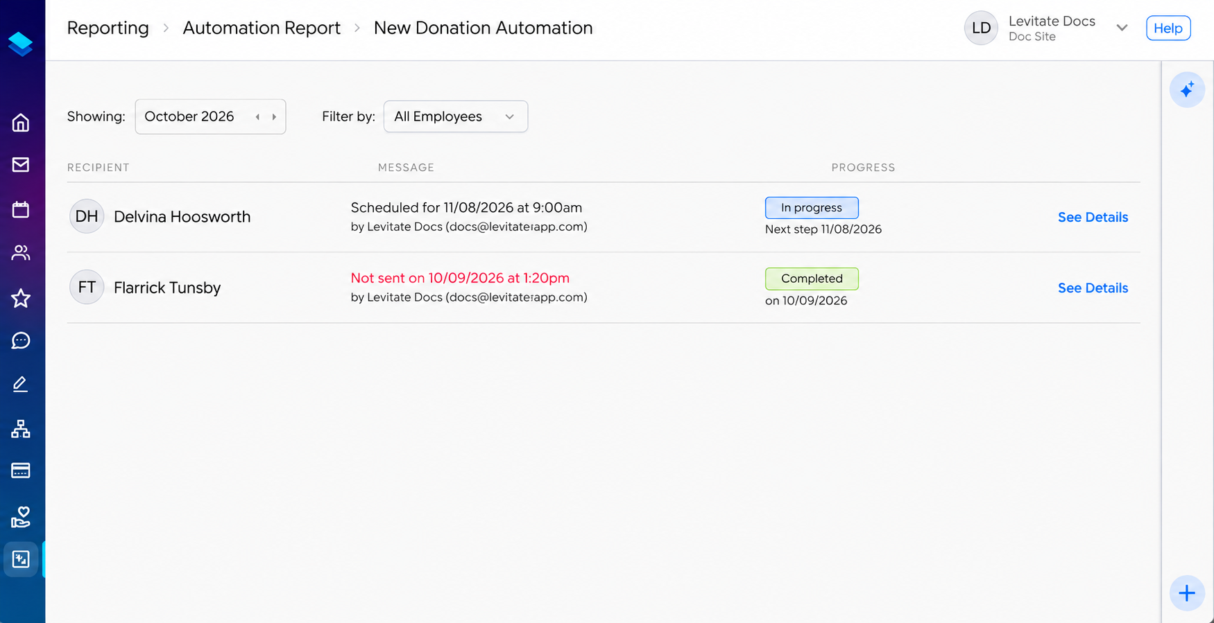 An automation report listing each recipient with their scheduled message, progress status, and See Details link
