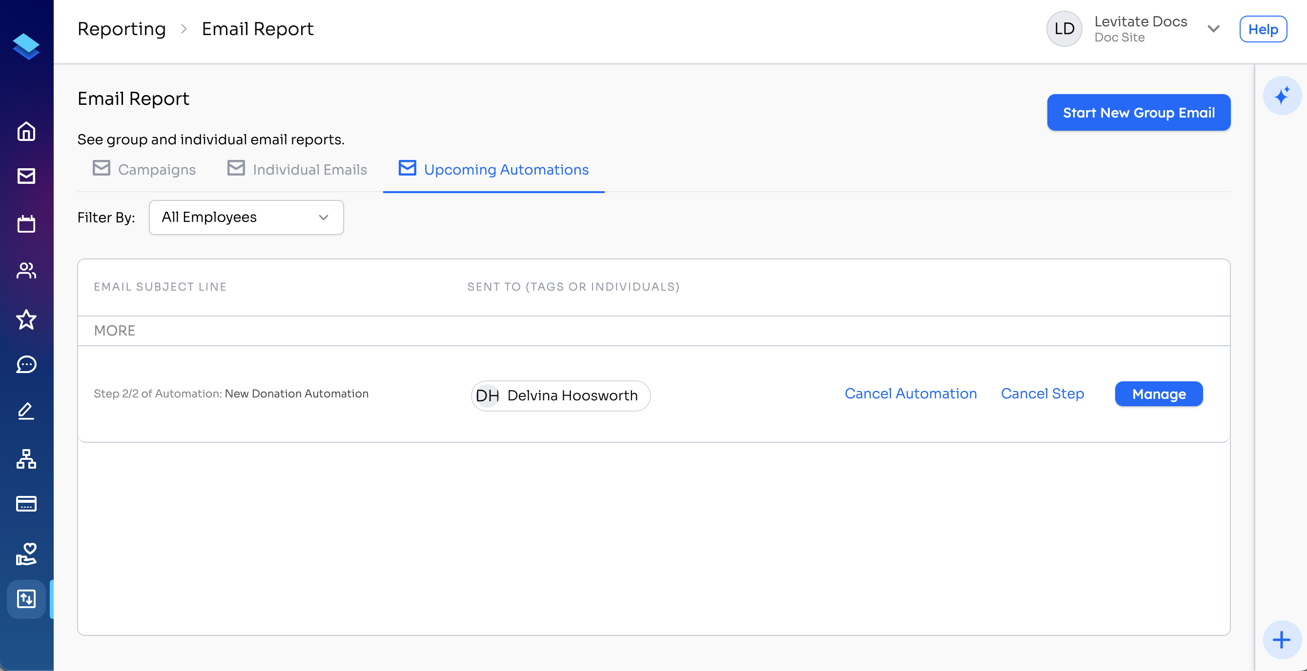 Email Report on the Upcoming Automations tab, filtered by All Employees, with an automation step and its Cancel Automation, Cancel Step, and Manage buttons