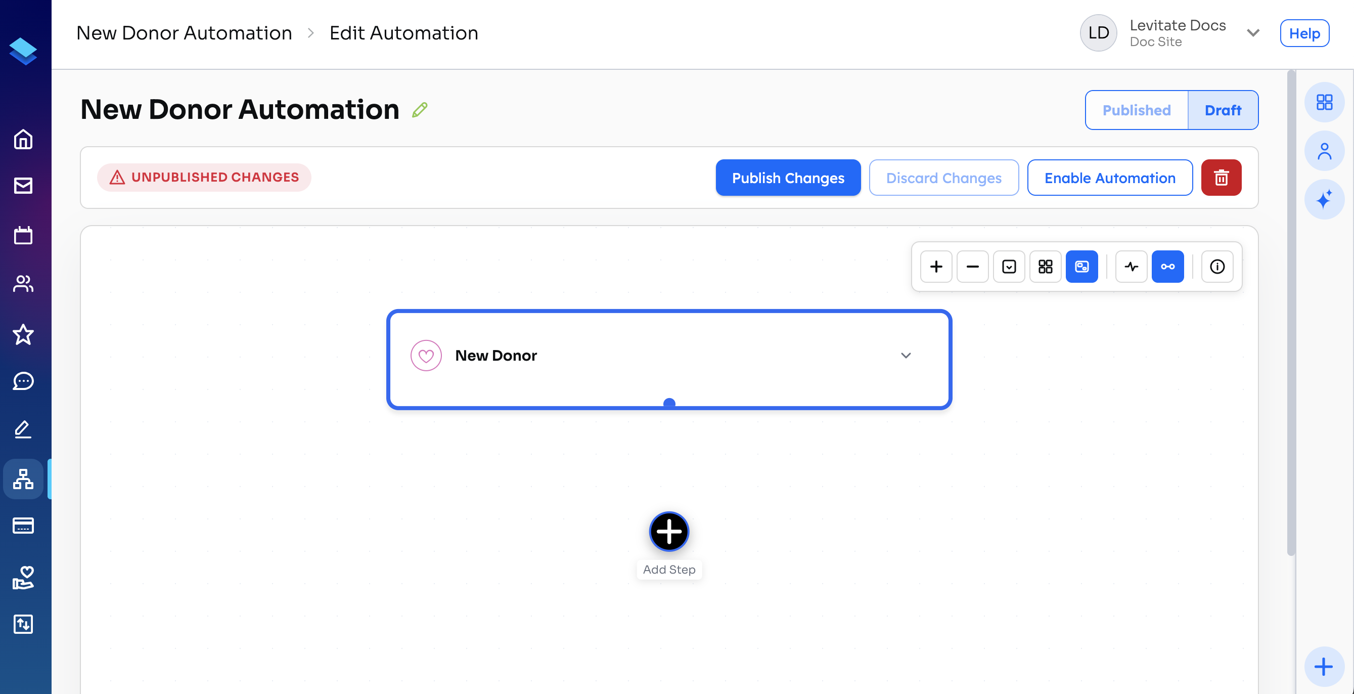 New Donor Automation editor with the New Donor trigger, Add Step, and Publish Changes and Enable Automation buttons