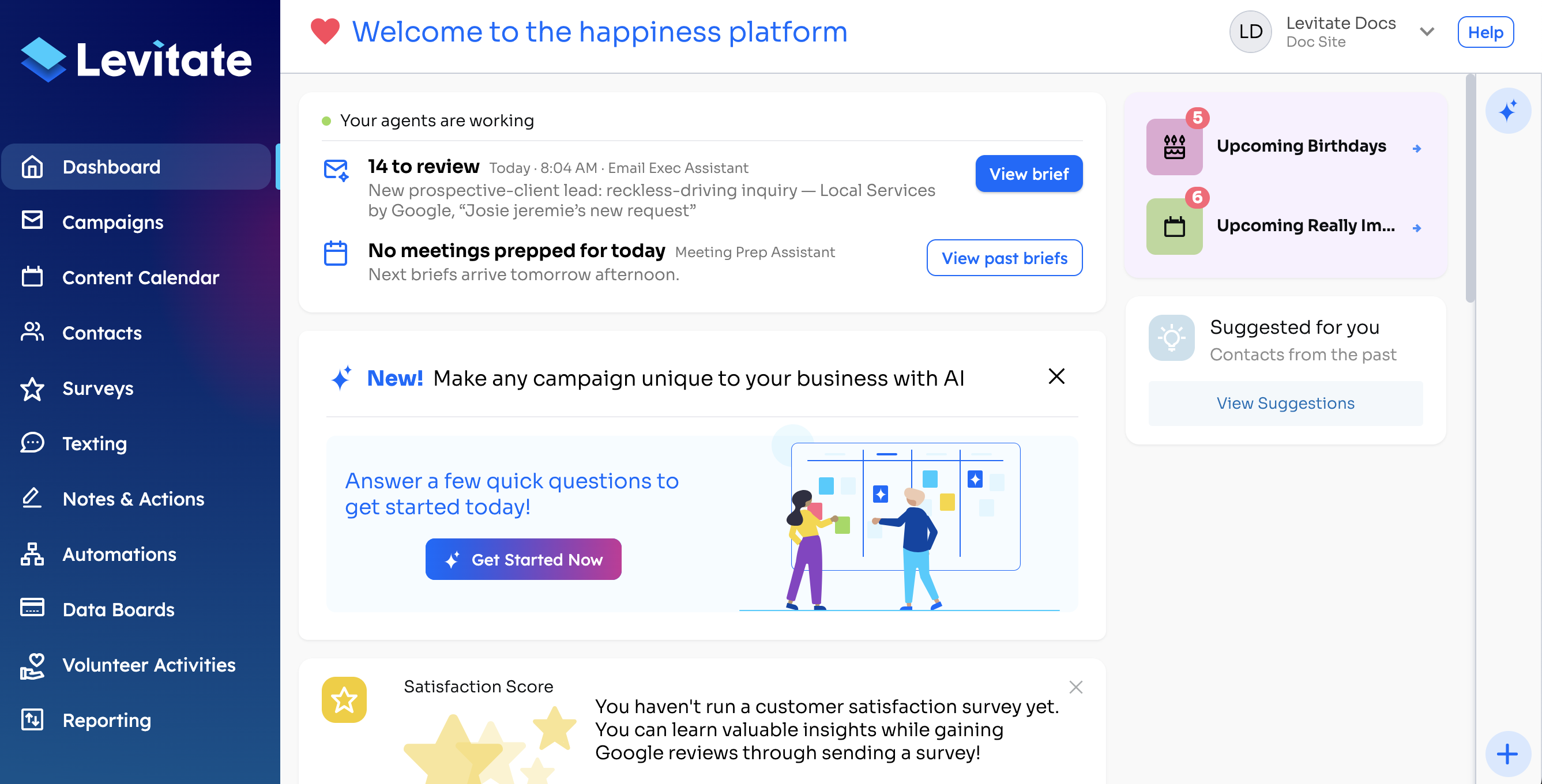 Levitate dashboard with Automations in the left navigation menu