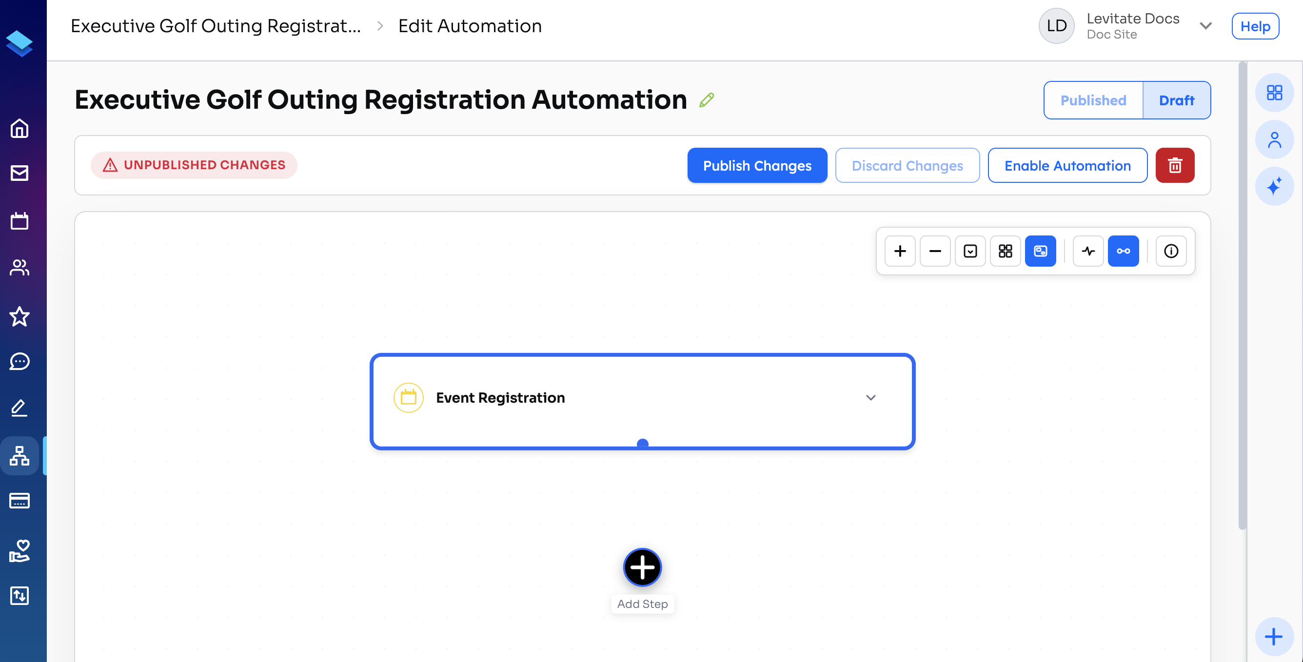 Event registration automation editor with the Event Registration trigger, Add Step, and Publish Changes and Enable Automation buttons