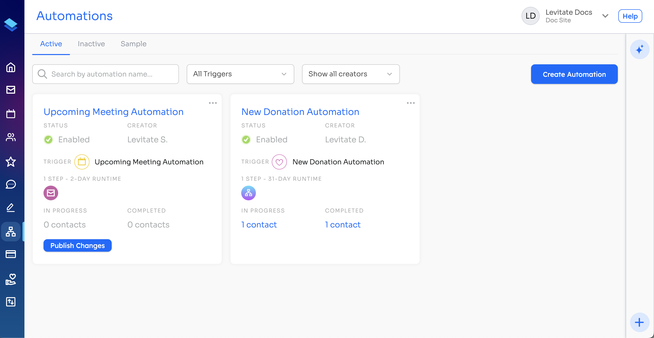 Automations page with the Create Automation button