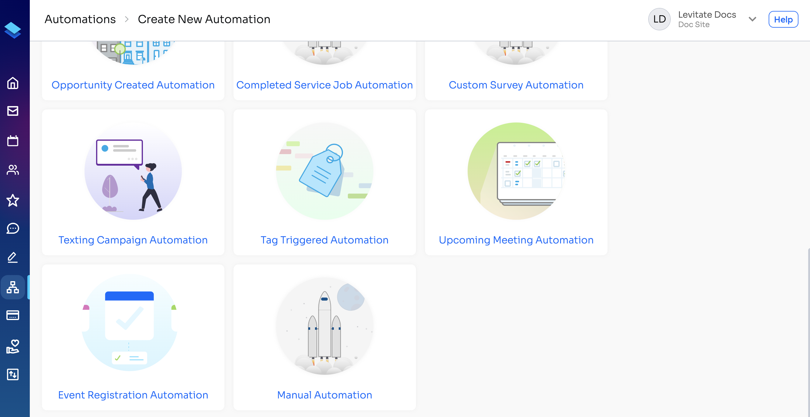 Create New Automation page listing automation types, including Event Registration Automation