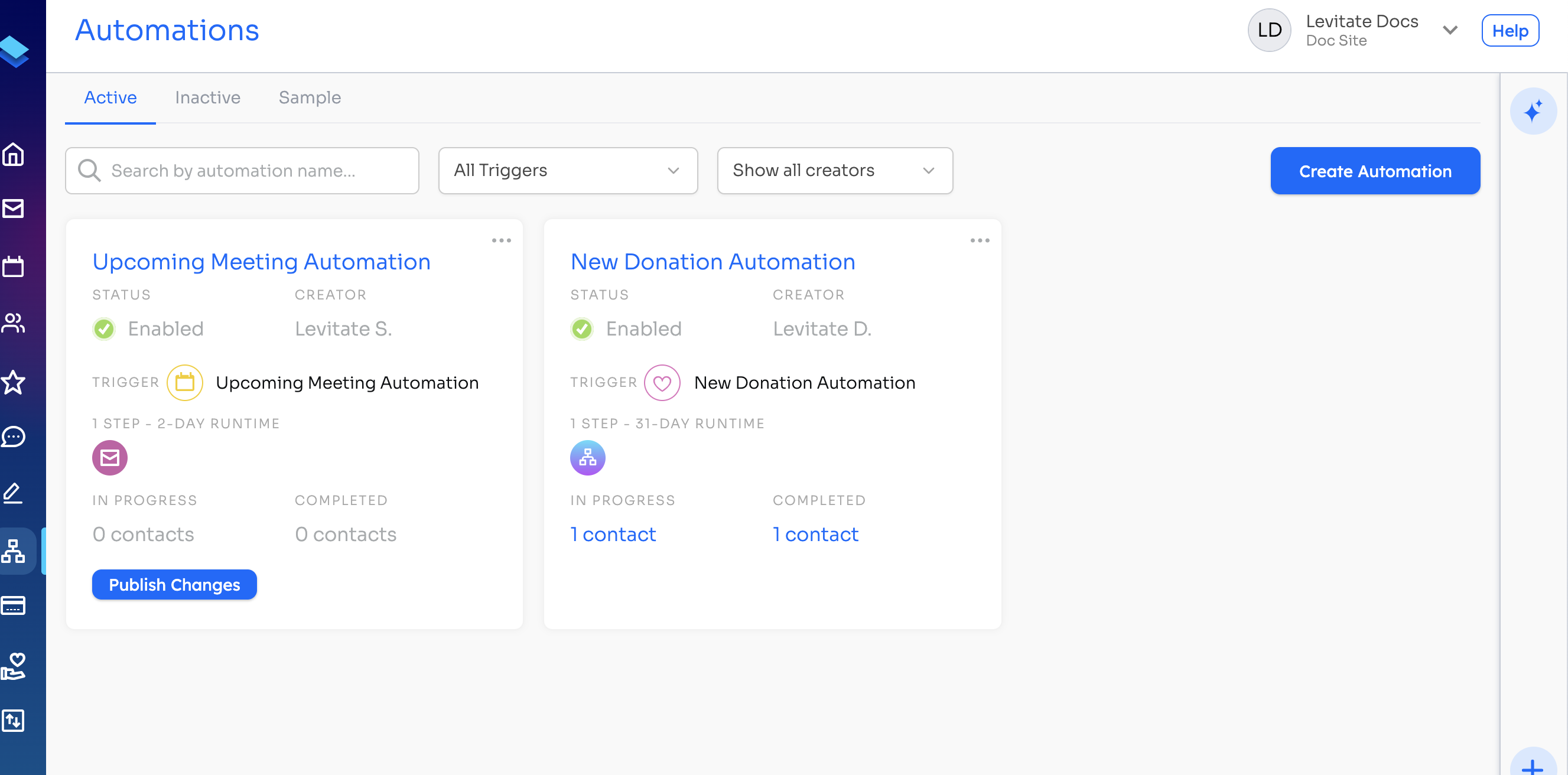 Automations page with the Create Automation button