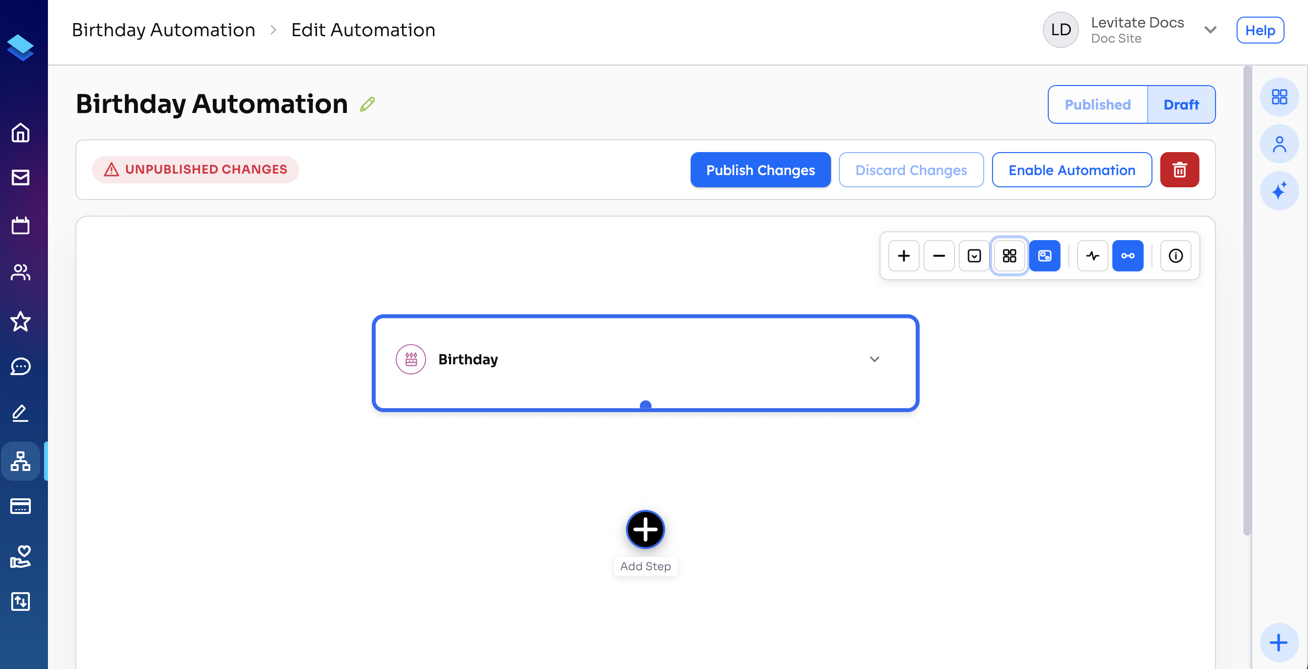 Birthday Automation editor with the Birthday trigger, Add Step, and Publish Changes and Enable Automation buttons