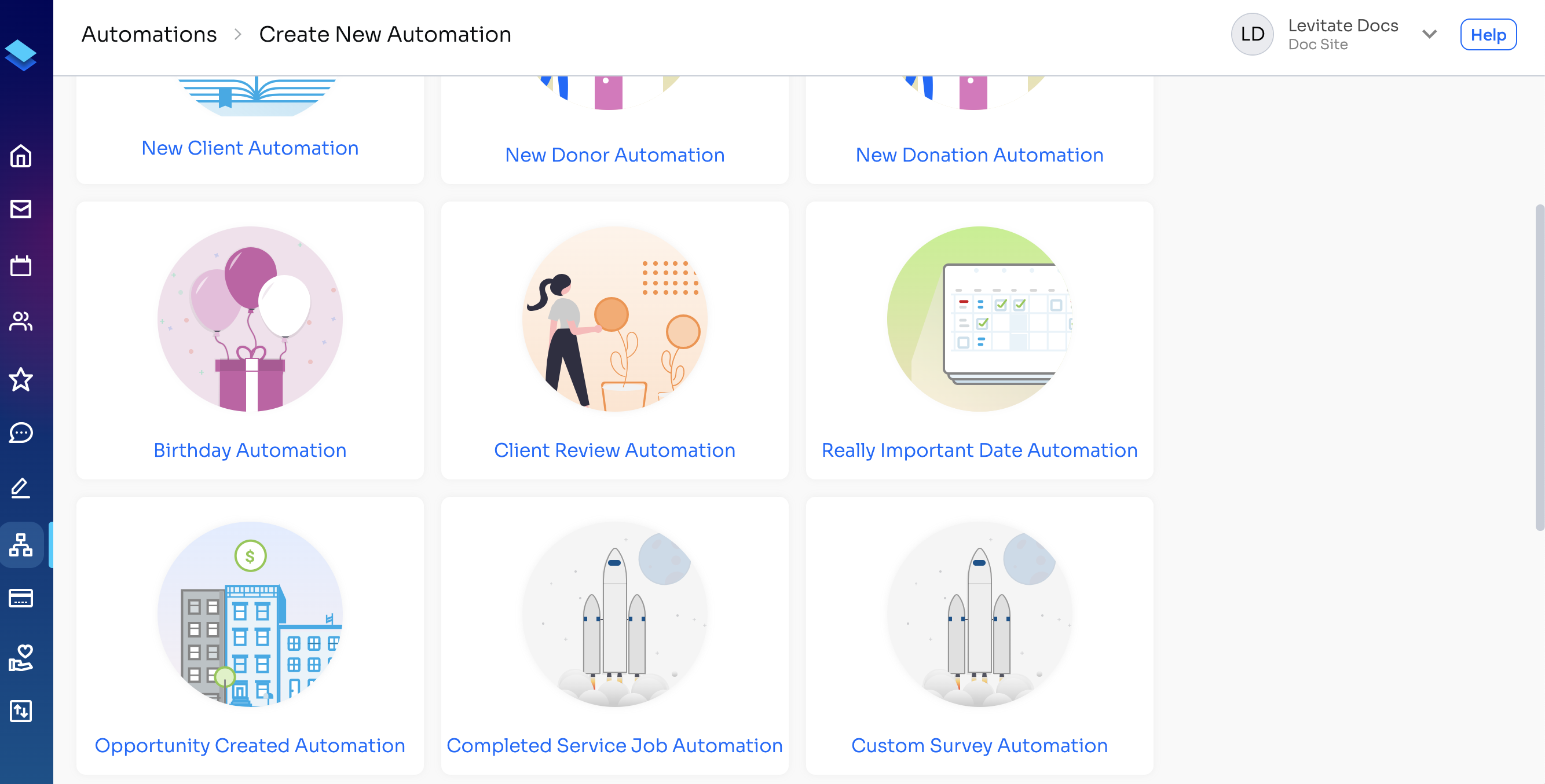 Create New Automation page listing automation types, including Birthday Automation
