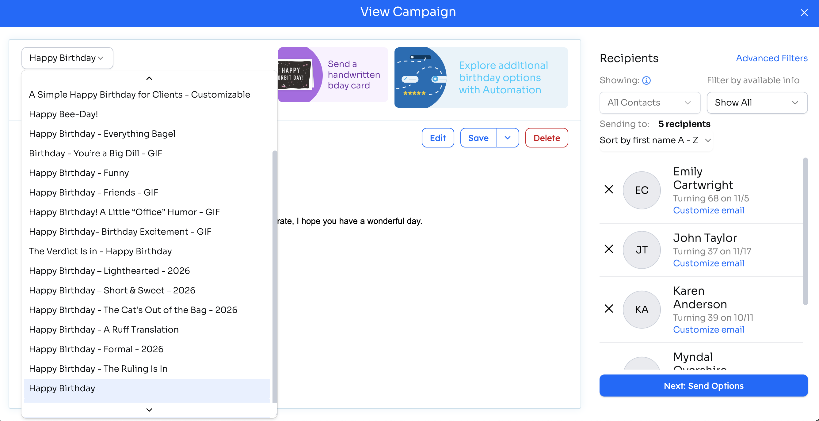 View Campaign window with the birthday template dropdown open at the top left and upcoming birthday recipients listed on the right