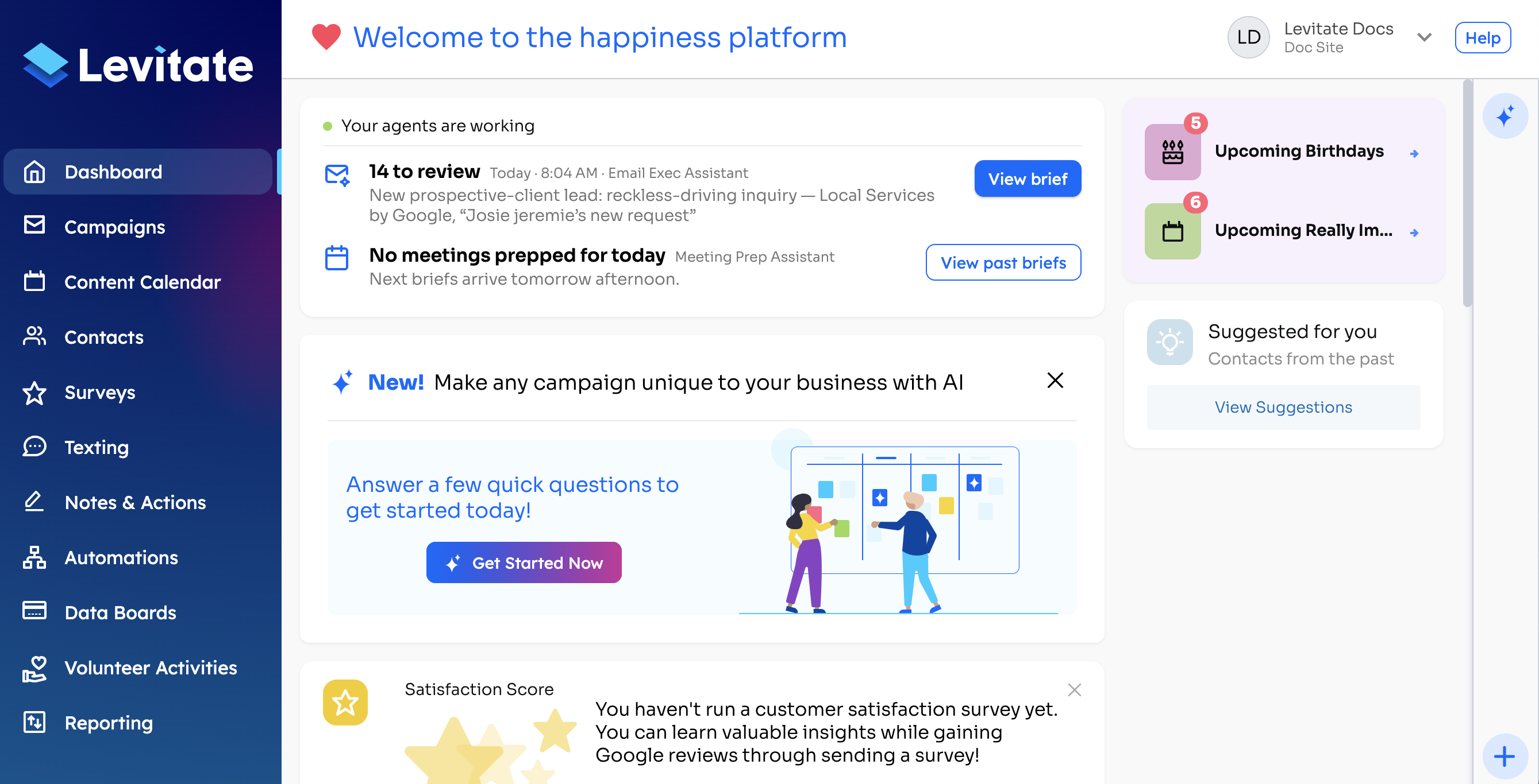 Levitate dashboard with the Upcoming Birthdays card